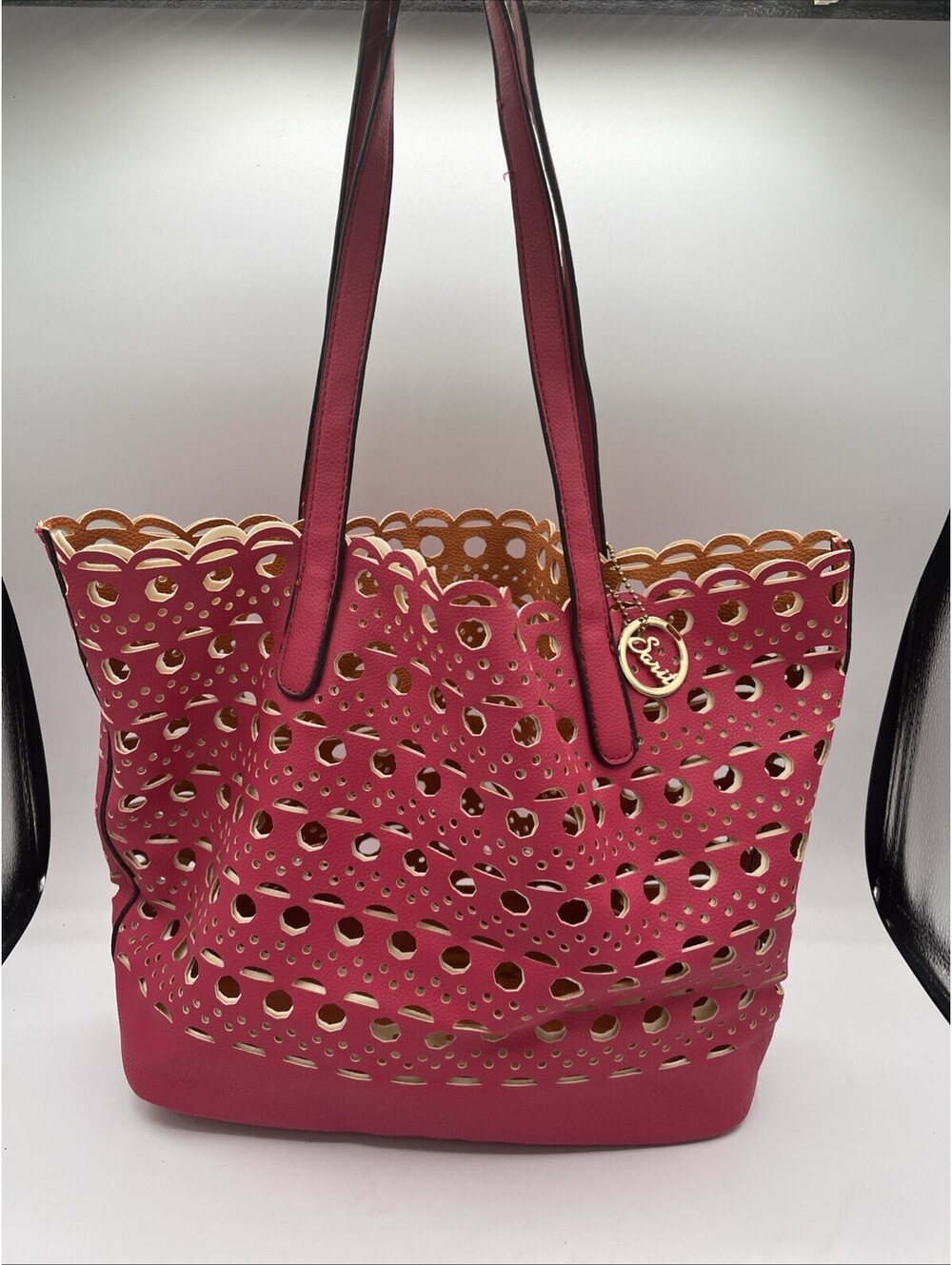 Sarit Reversible Double Handle Tote Purse Bag Cut Out Orange/Pink